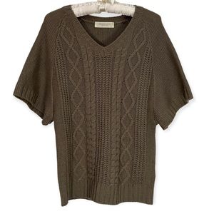 Ehyphenworld Gallery Brown Cable Knit Sweater Short Sleeve Tan Wool Blend Sz M